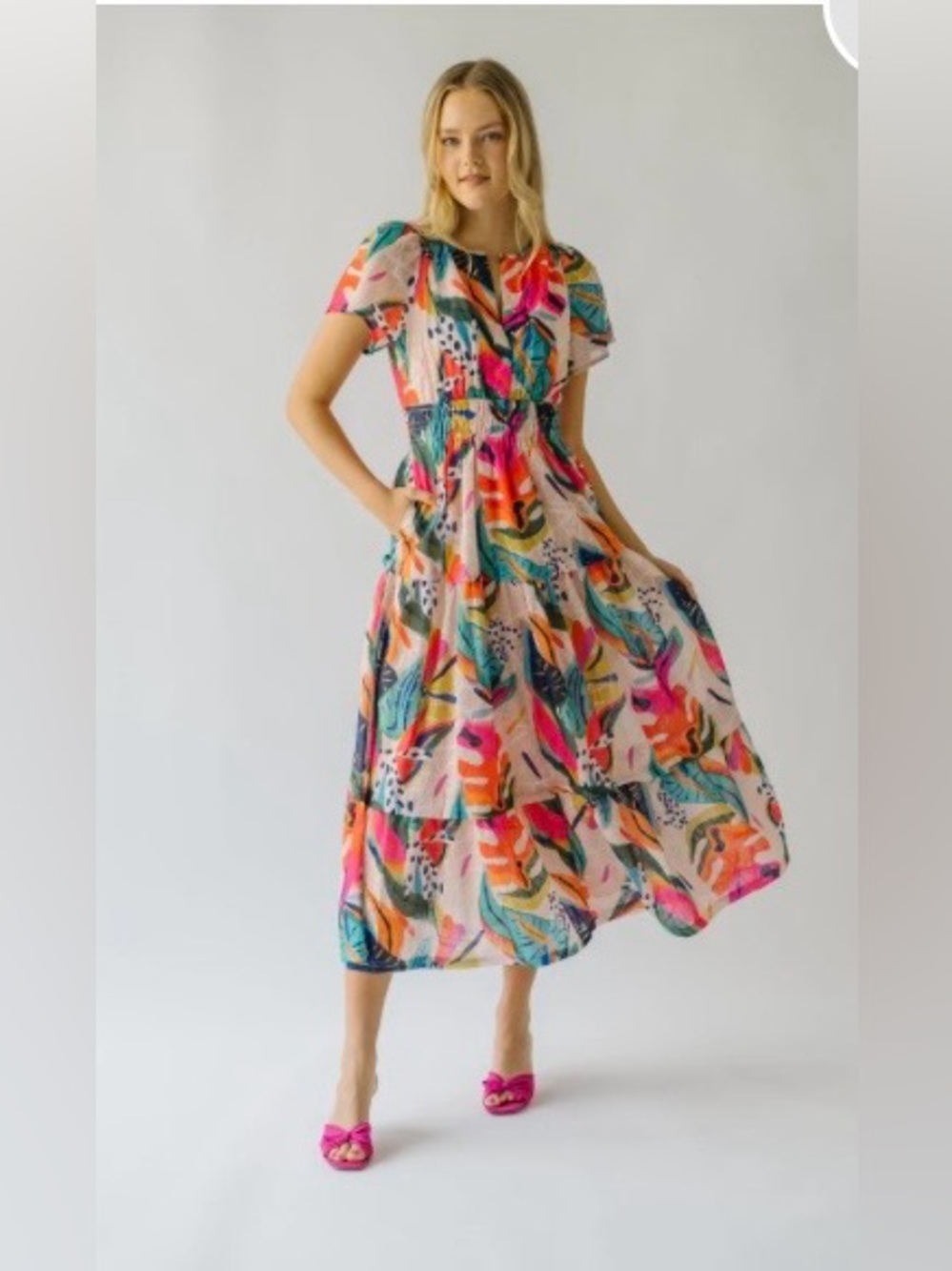NWT Piper & Scoot Multicolor Abstract Print Short-Sleeve Midi Dress